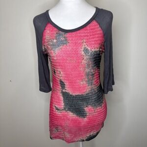 Y2K BKE Mesh Top Abstract Fairy Grunge Indie Sleaze Sheer Baseball Art Womens‎ M